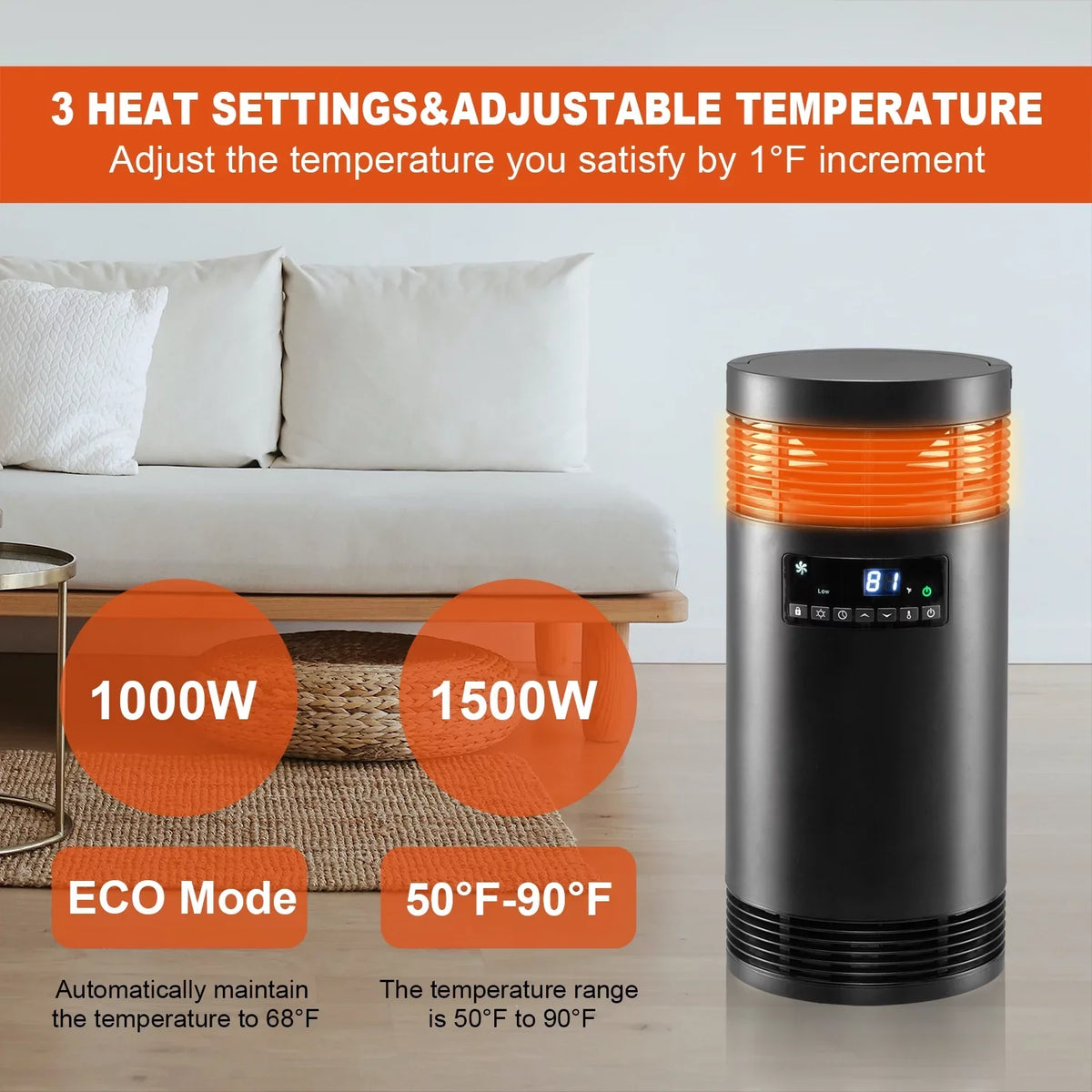 1500W for Ceramic Space Thermostat, Mode, Heater Office Electric Use, Heater Portable for Only PTC Desk Protection Indoor 360° Office Fan Heater Safety with Surround with
