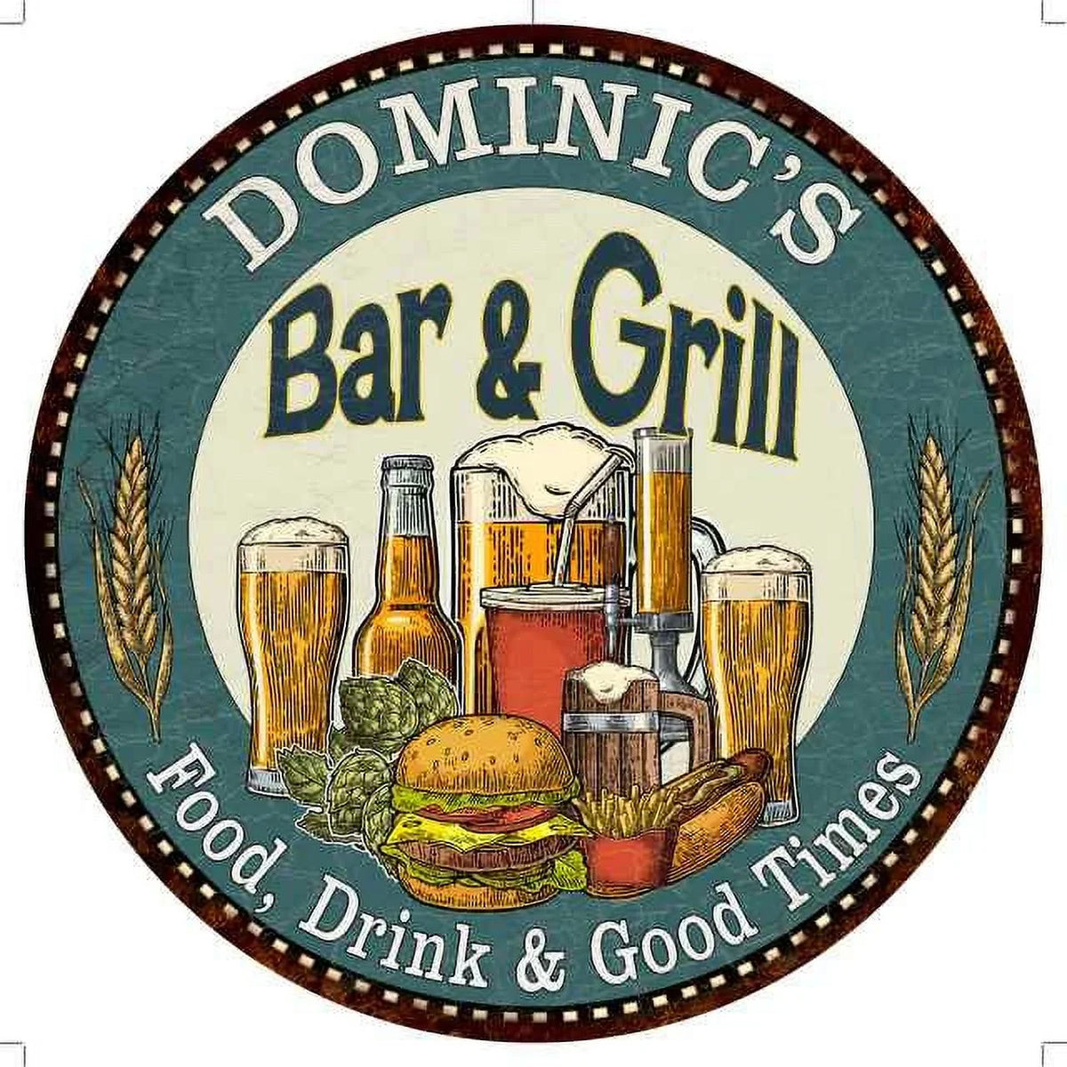 200120023391 Bar Grill Wall and 12" Round DOMINIC'S Kitchen Sign Decor Metal