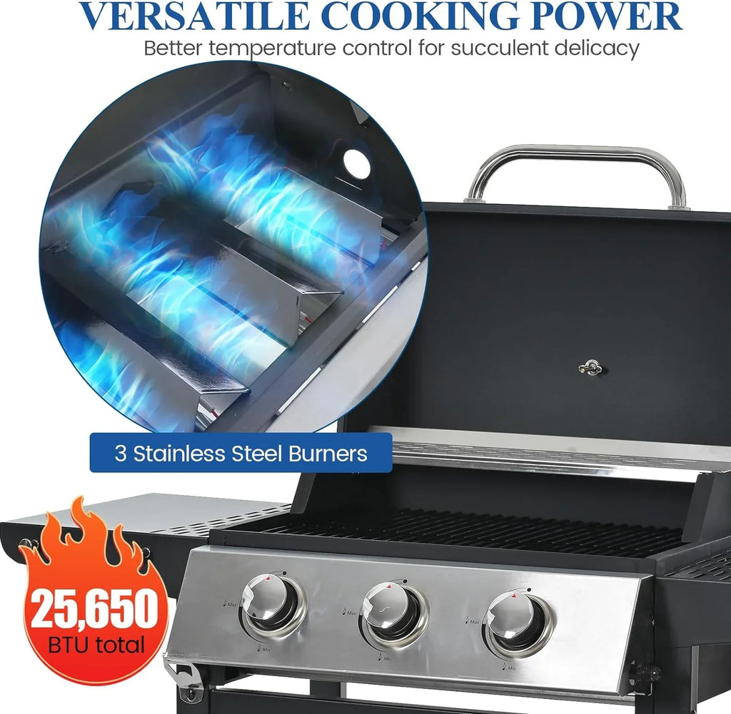 Outdoor 2 BBQ Garden for Propane Patio Shelves, Gas Portable Picnic Wheels, Grill, Backyard Lid, Steel with Top Grill Forclover and Side Cover 3-Burner Stainless