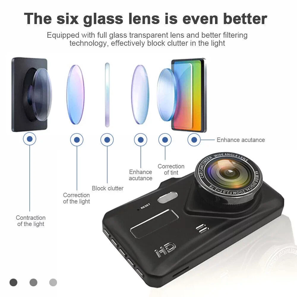 4" and Xhy Car Screen and Video Detection Recorder 1080P Dual Rear Touch Dash HD Front Camera Parking Monitoring Motion G-Sensor, Driving Cam Lens DVR