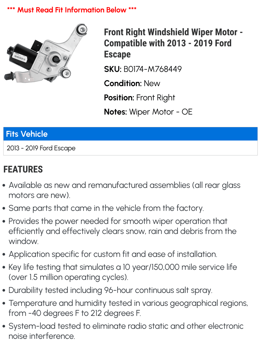 Motor Wiper Windshield 2015 Escape 2016 - - 2017 Compatible with Ford 2019 2018 Right 2014 Front 2013