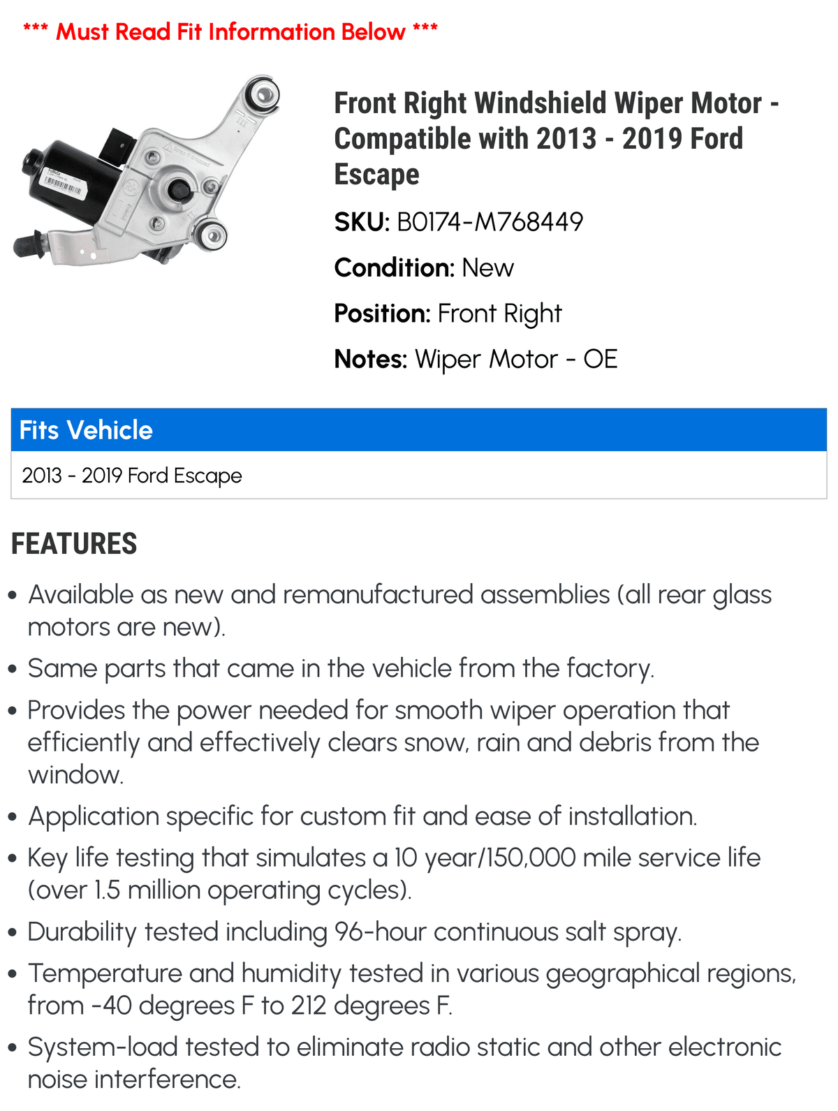 Motor Wiper Windshield 2015 Escape 2016 - - 2017 Compatible with Ford 2019 2018 Right 2014 Front 2013