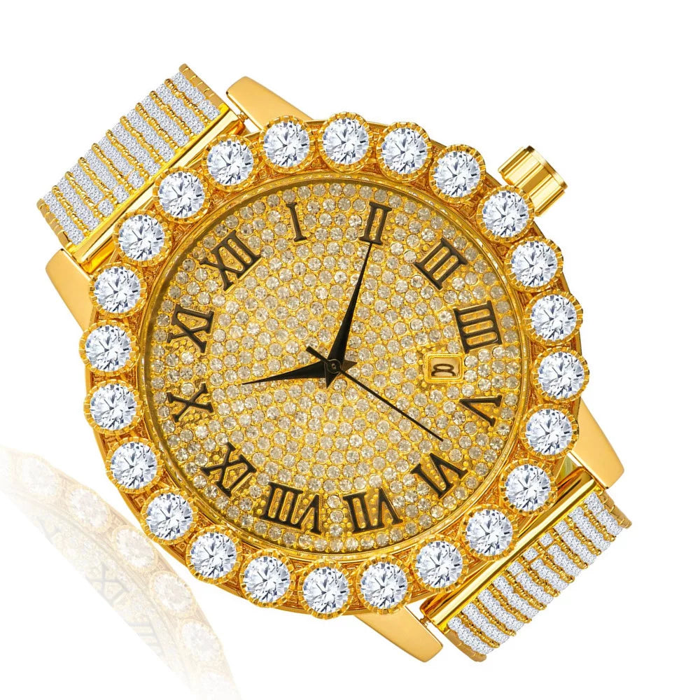 Diamond Row Solitaire Dial Yellow Back Stainless Khronos W/Date 10 Iced Roman Steel Band Custom lab 18K Bezel Men's Watch Gold Out Finish