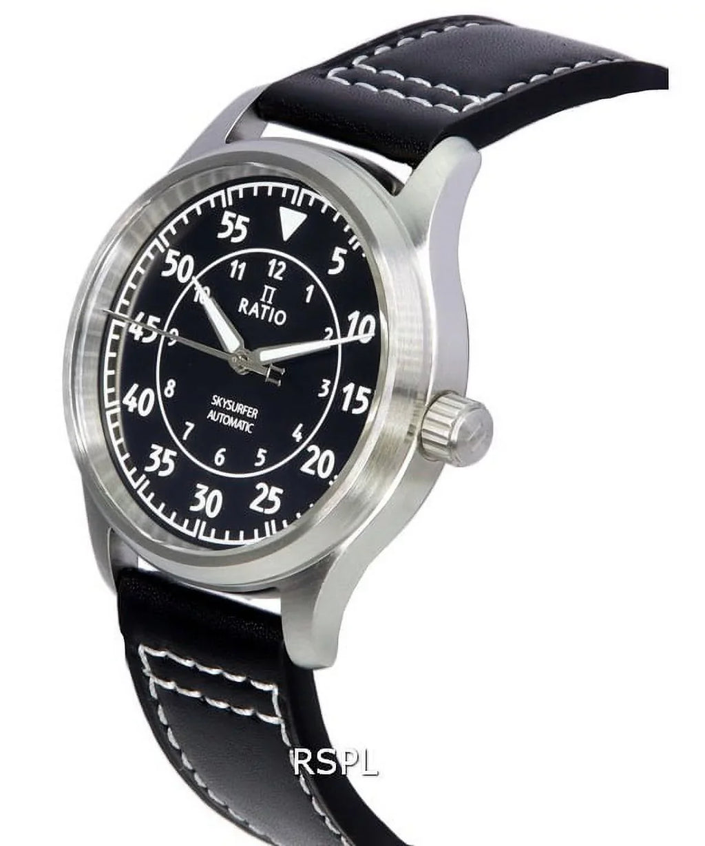 Leather Dial 200M Ratio Black Pilot Men's Watch Sunray Automatic RTS321 Skysurfer