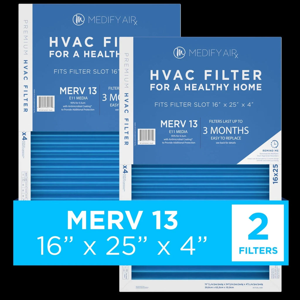 HEPA (MERV 16x25x4 Air 2-Pack) Cleaning 95% Filter 13, Air Pleated Particles Medify