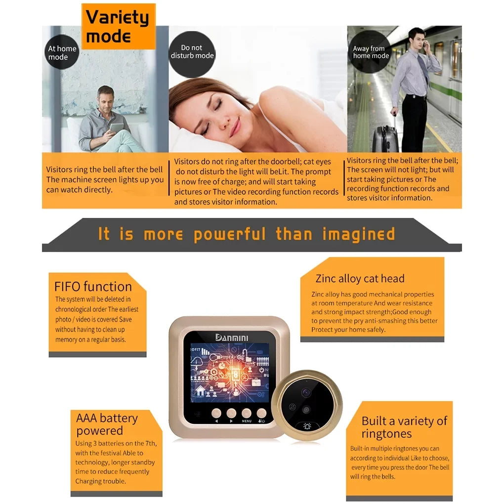 Vision Security Angle 2.4" Need Video Cam Camera Door Eye Disturb 2.0MP Night inch Viewer Wide No Door W5 Peephole Bell Doorbell Drilling