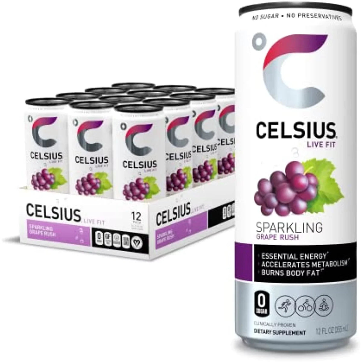 Celsius Fl Energy Rush Of Essential Oz, Drink 12) Sparkling (Pack Grape 12
