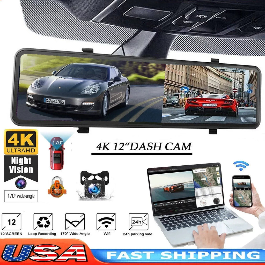 Backup Camera Reversing Mirror Dual 12" Parking Front Rear Camera 4K Night Vision, Assistance Cam Car Monitoring, and Dash Super