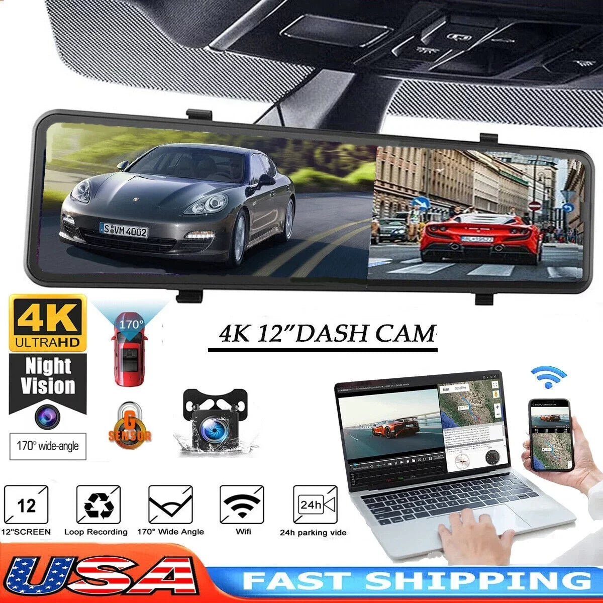Backup Camera Reversing Mirror Dual 12" Parking Front Rear Camera 4K Night Vision, Assistance Cam Car Monitoring, and Dash Super