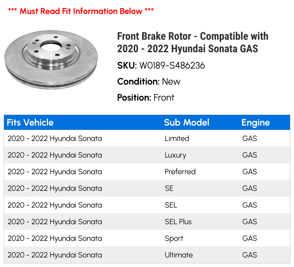 Hyundai GAS 2022 Front Disc Brake 2020 Sonata Compatible with Rotor 2021 - -