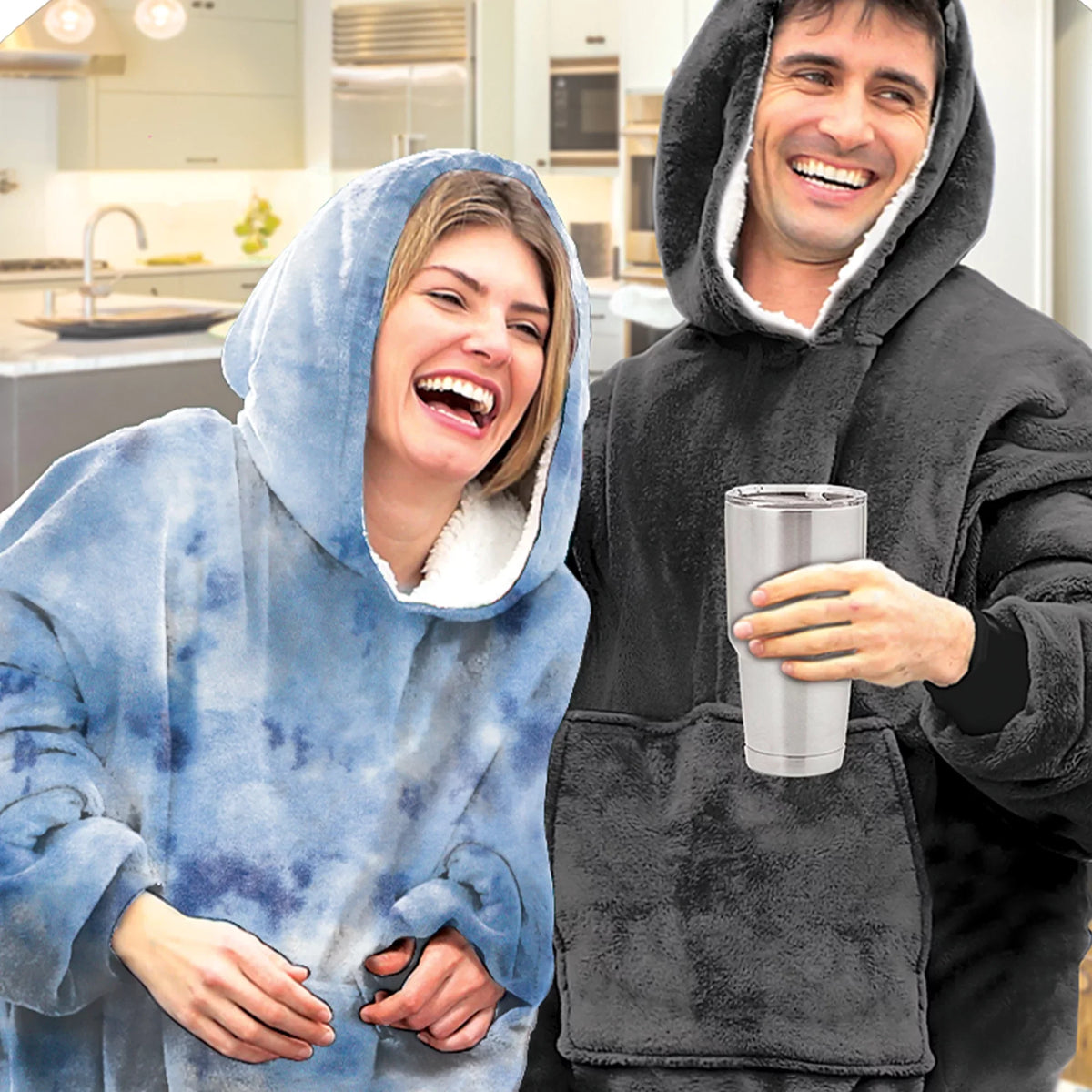 Huggle & Blanket Sherpa Wearable Dye Hoodie, Tie Fleece Hoodie, Blue
