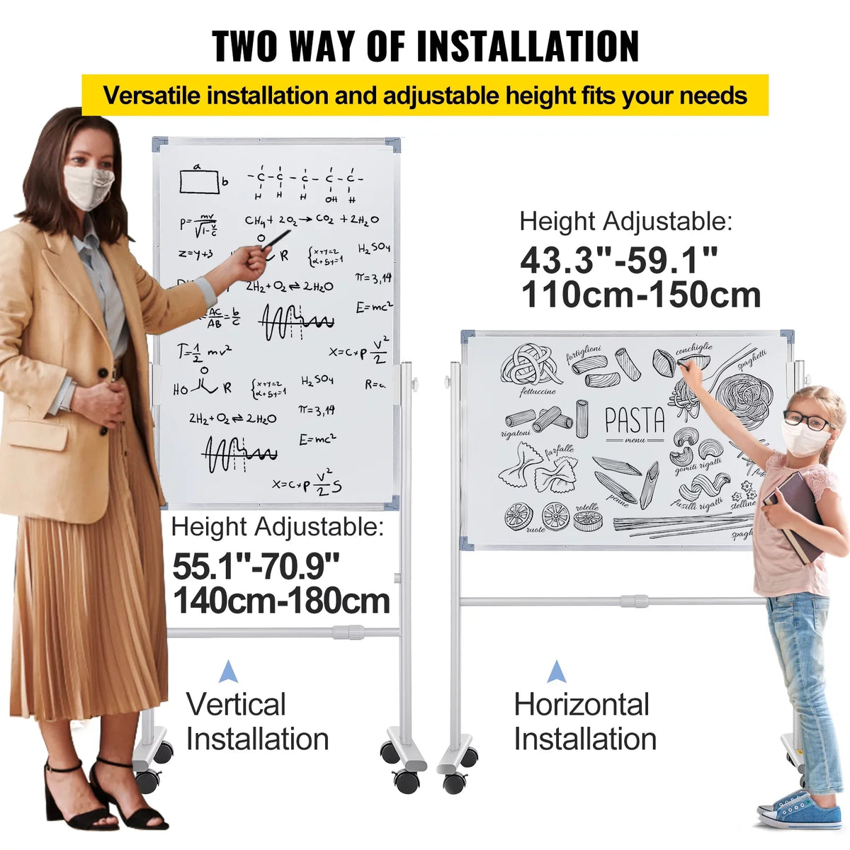24" with 360 Home BENTISM Wheels Office Aluminum Adjustable w/ x Reversible Lockable Double Height Stand Dry Mobile Frame and Swivel Magnetic for Erase School Rolling 36" Sided Board Whiteboard