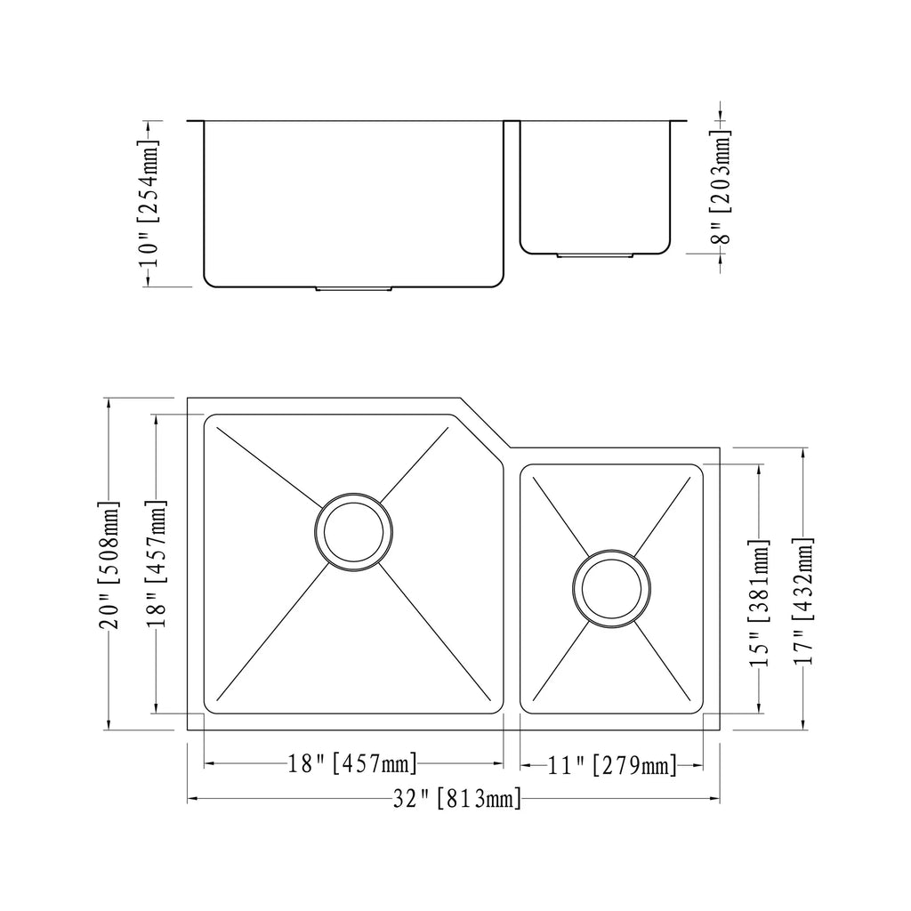 3220D Corner Dowell Sinks Series-6008 Kitchen Handcrafted Undermount Small-Radius