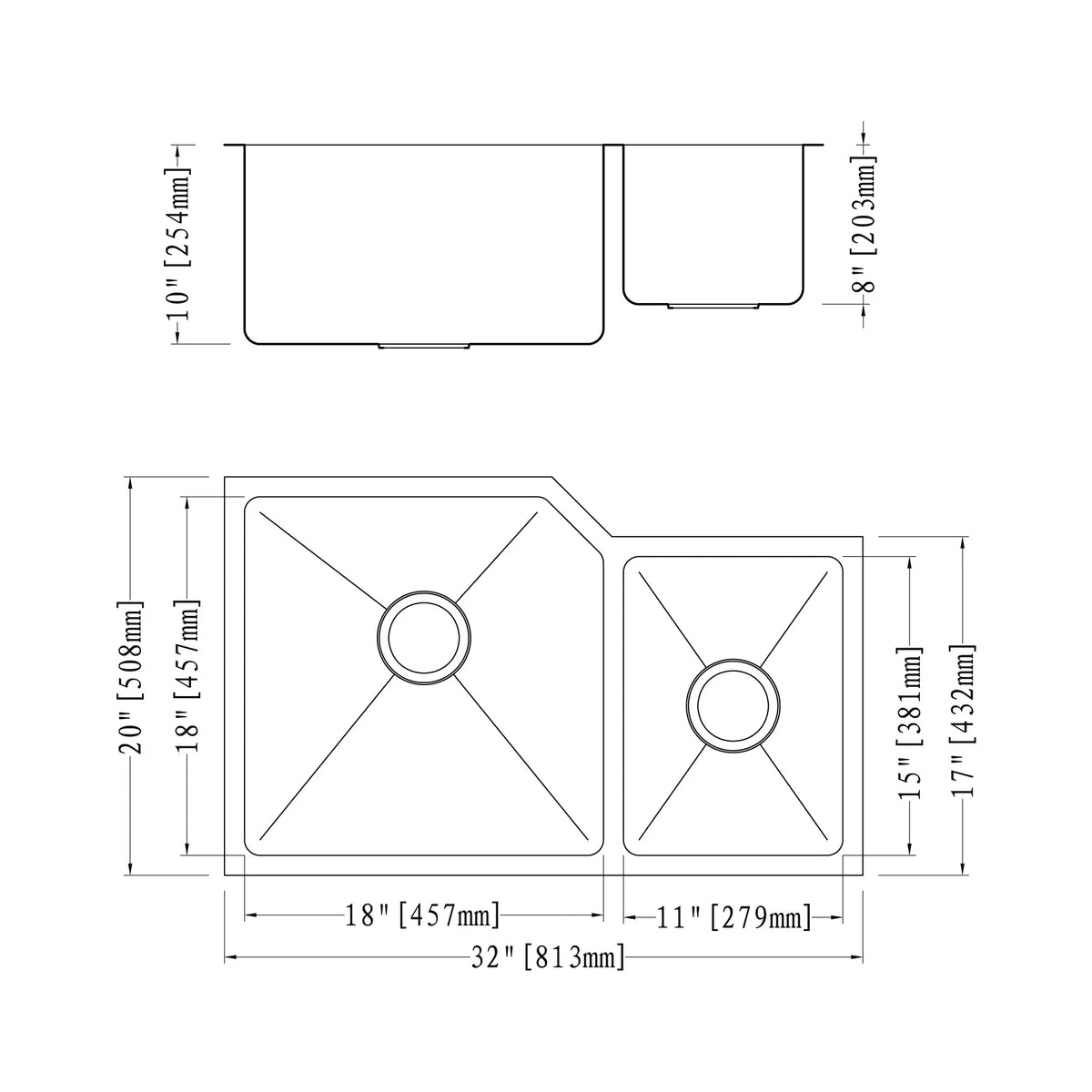3220D Corner Dowell Sinks Series-6008 Kitchen Handcrafted Undermount Small-Radius