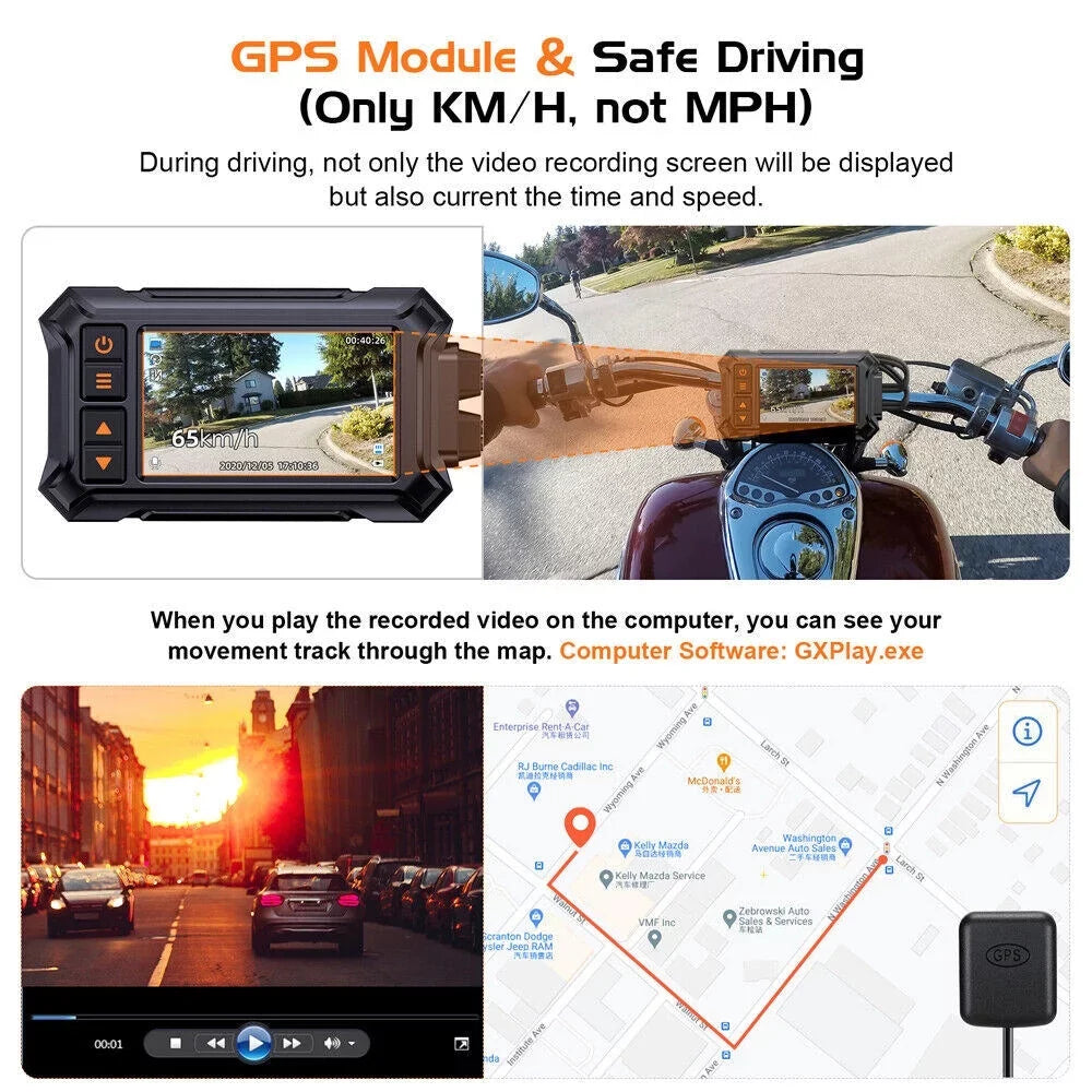 Night GPS Dash Rear 1080P Waterproof Front Vision Camera 3" A12 Motorcycle WIFI