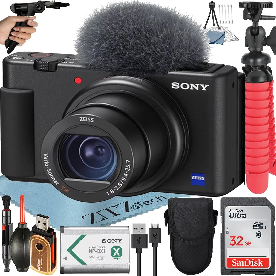 Tripod Camera 32GB Vlogging Bundle SanDisk Card ZeeTech Accessory ZV-1F with Memory + + (Black) Sony