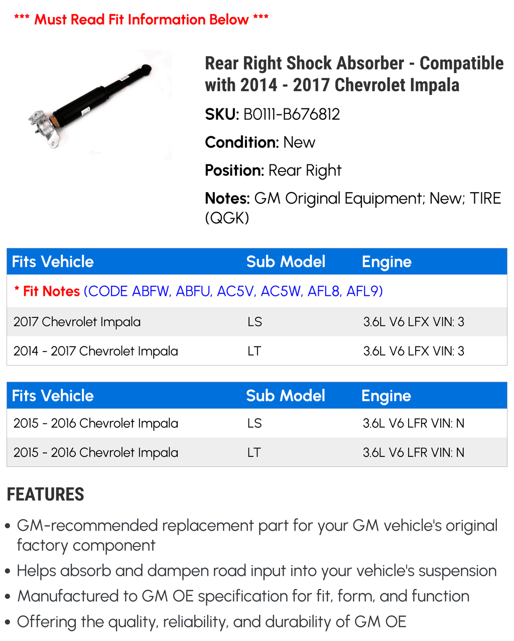 2014 Rear 2016 - 2015 - Absorber 2017 Shock Chevy Impala Compatible with Right