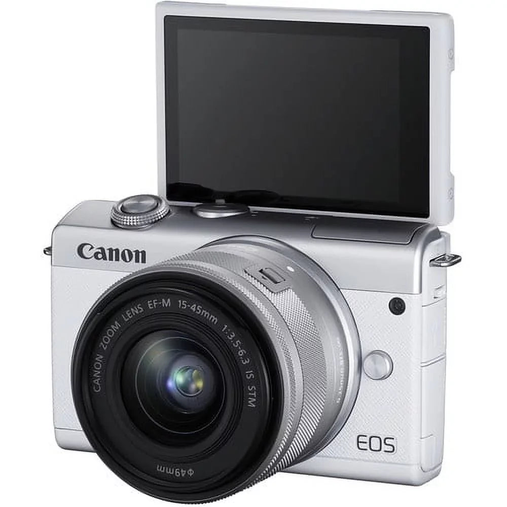Digital with Canon M200 Spare Battery Lens + More 128GB Card 15-45mm + Mirrorless Camera Kit with EOS Memory (White)