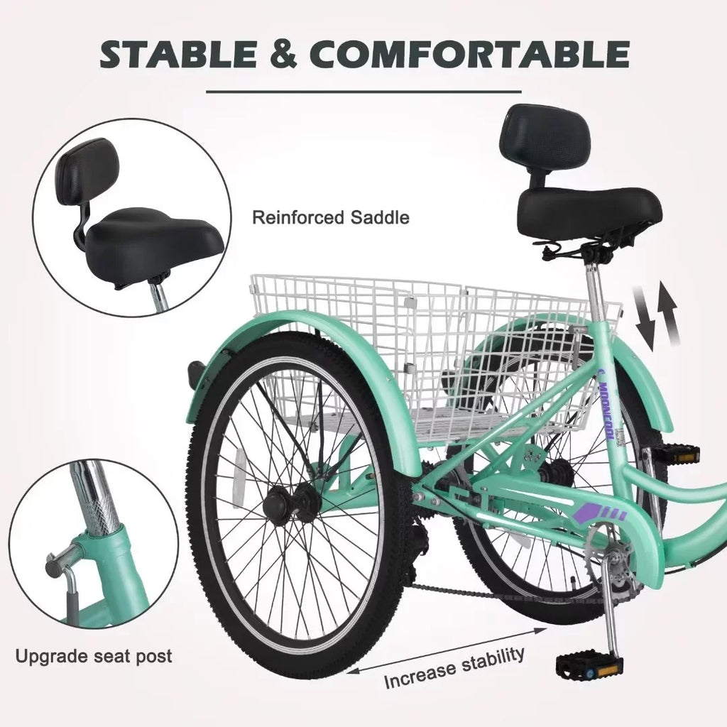 NAIZEA Men, Exercise Adult Outdoor Activities Tricycle, for Shopping 3 Basket 7 with Cruise Wheel Seniors, for 20" Large Trike Picnic Bikes Women, Speed