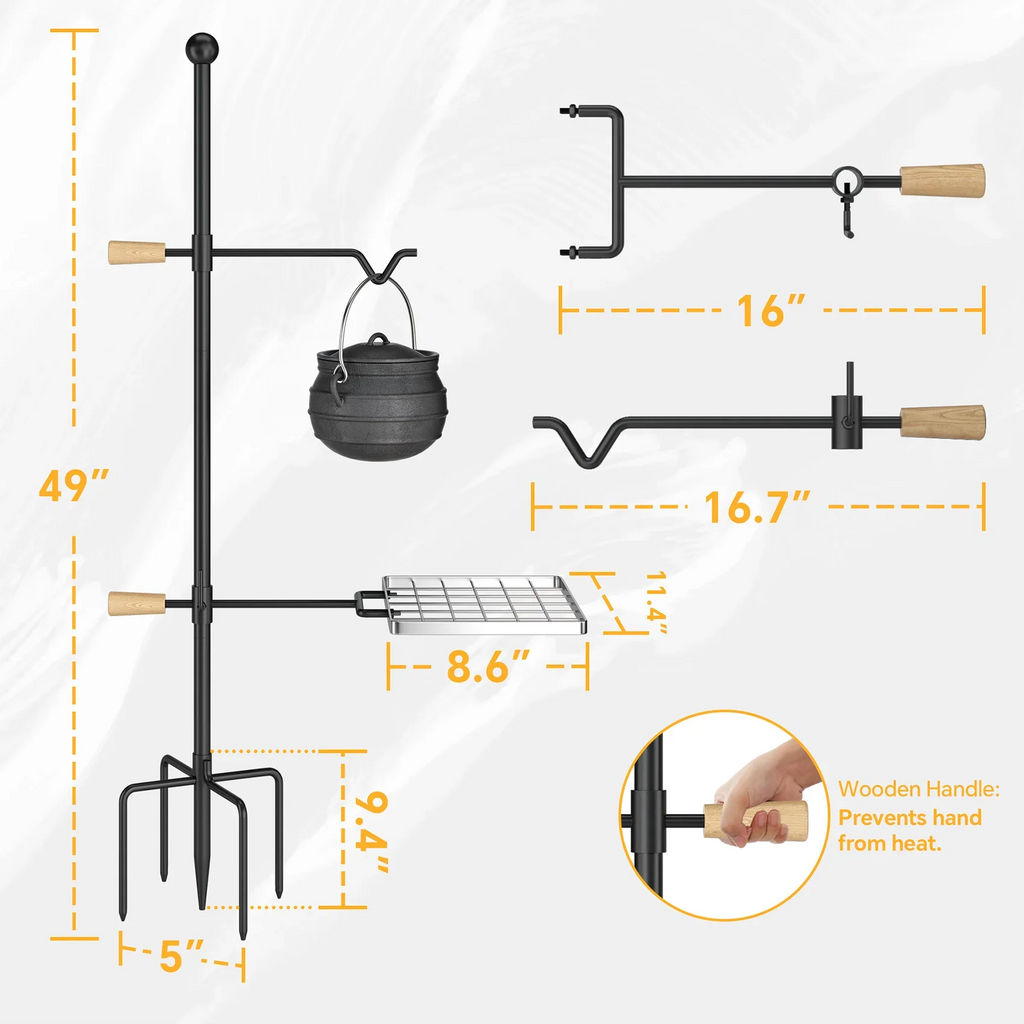 Perfect for and Handle, Mr and Camping IRONSTONE Swivel Height Adjustable Cooking - - Grate Barbecue, Duty Steel, Outdoor Heavy Campfire Rotation Grill