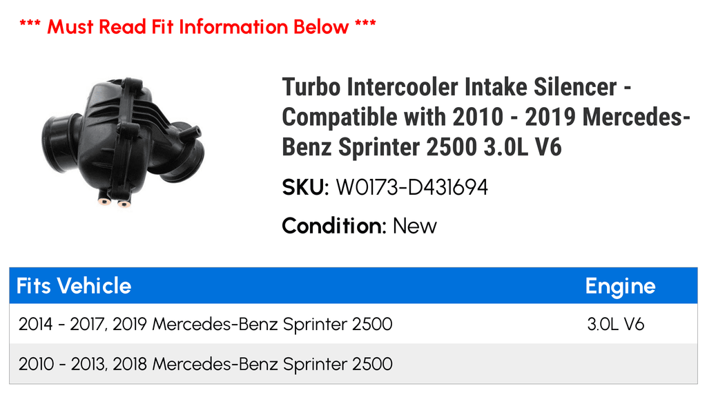 with Intercooler - 2500 Intake Silencer 2016 - 2017 2015 Mercedes-Benz V6 Sprinter 2019 2011 Compatible 2018 2013 2010 2012 2014 Turbo 3.0L
