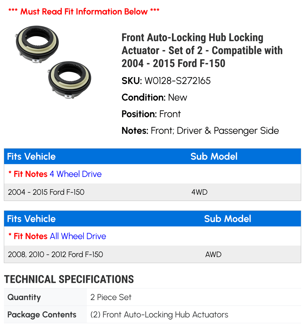 2 with 2011 Compatible 2012 Locking of 4WD, F-150 - Auto-Locking 2009 2015 2004 2014 2007 Ford Front AWD 2006 - 2008 2013 - 2010 Actuator 2005 Hub Set