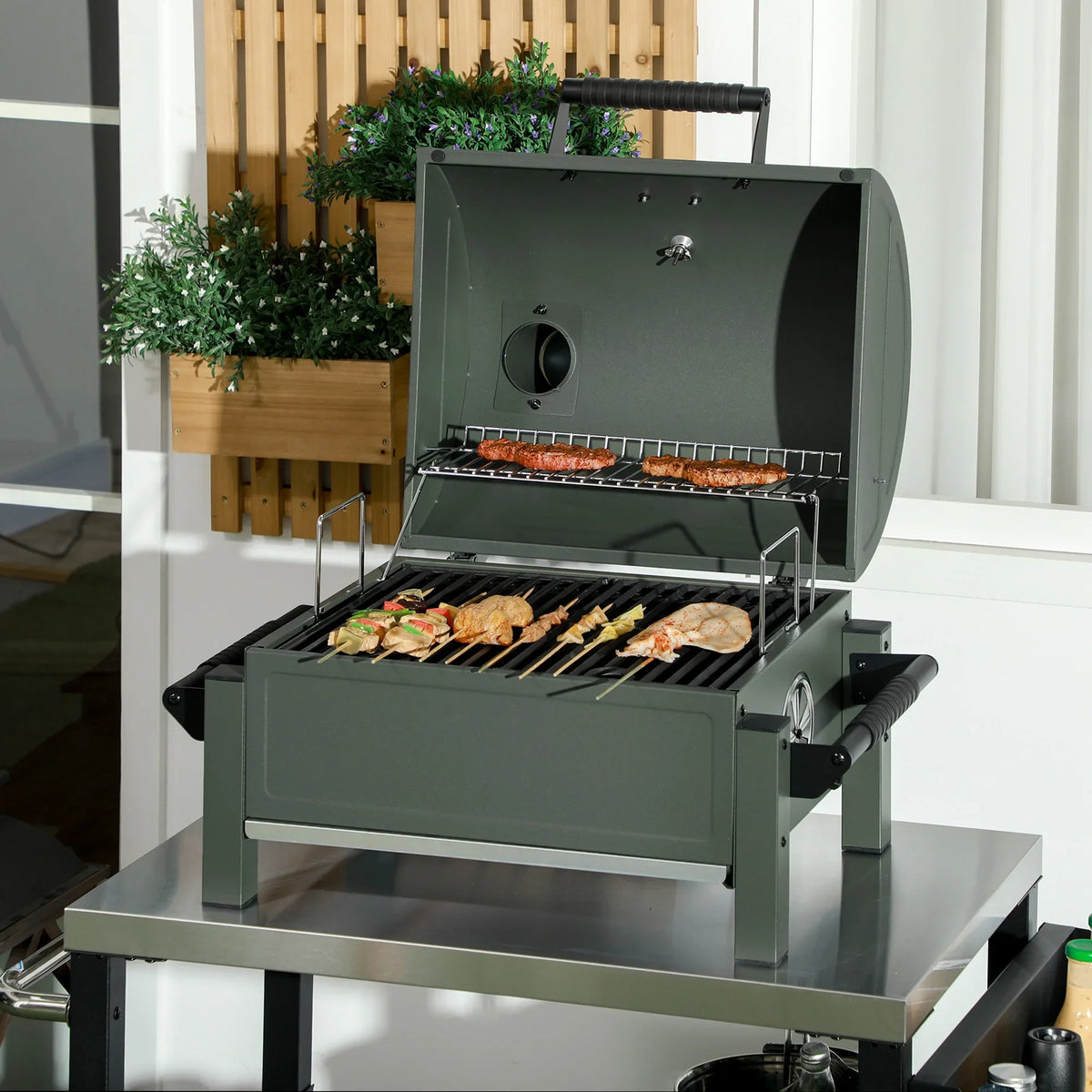 Tabletop Barbecue, Outsunny Grill with Charcoal Lid, Small Green BBQ