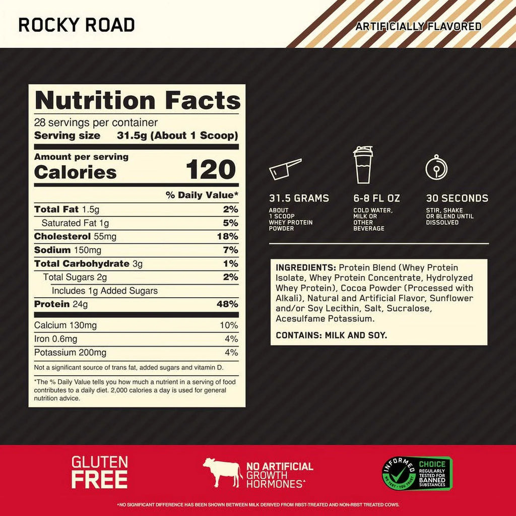 100% Standard Gold 28 Powder, Whey Road, Nutrition, 2 Servings Rocky lb, Optimum Protein
