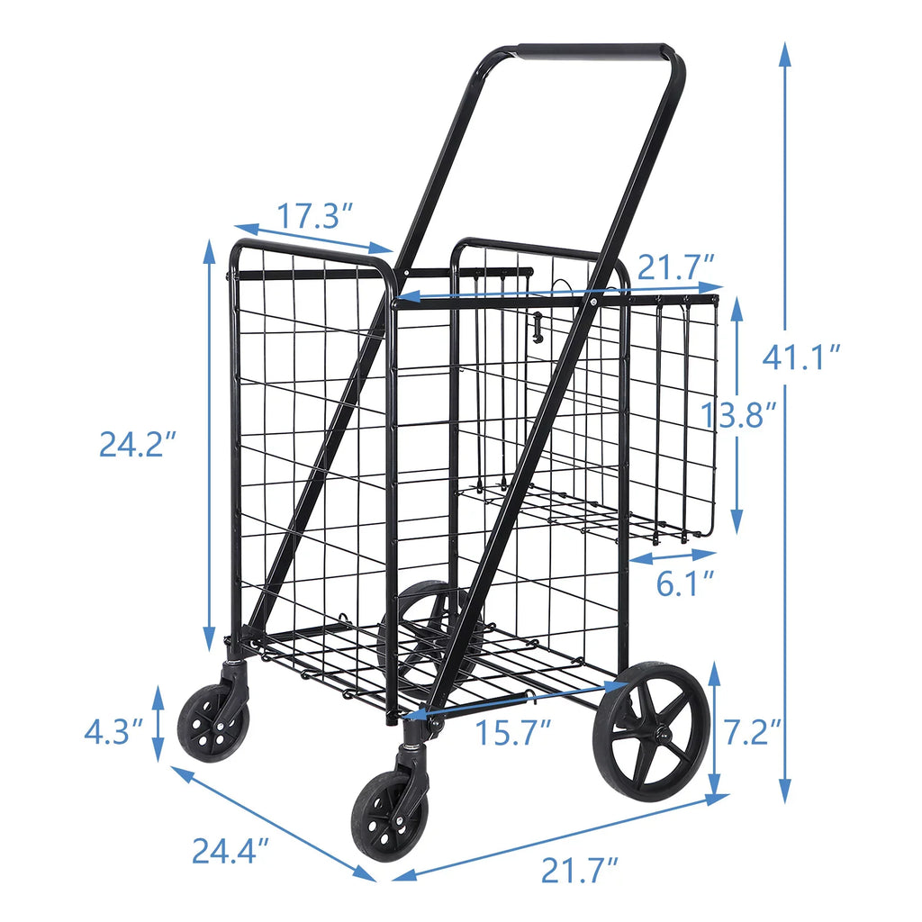 Black Utility Basket Book Grocery Wheels Laundry with ZENY Shopping Luggage Double and for Folding Cart Travel,