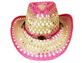Hat Tea Paper Beach COWBOY Straw HAT with Gardening Ombre Beads Cowgirl Stain Hot Pink Summer WESTERN