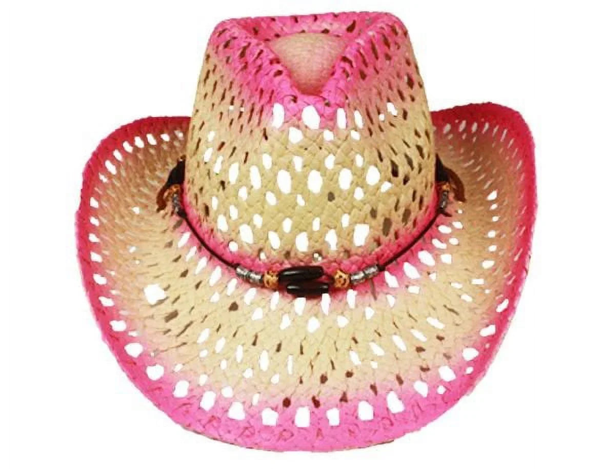 Hat Tea Paper Beach COWBOY Straw HAT with Gardening Ombre Beads Cowgirl Stain Hot Pink Summer WESTERN