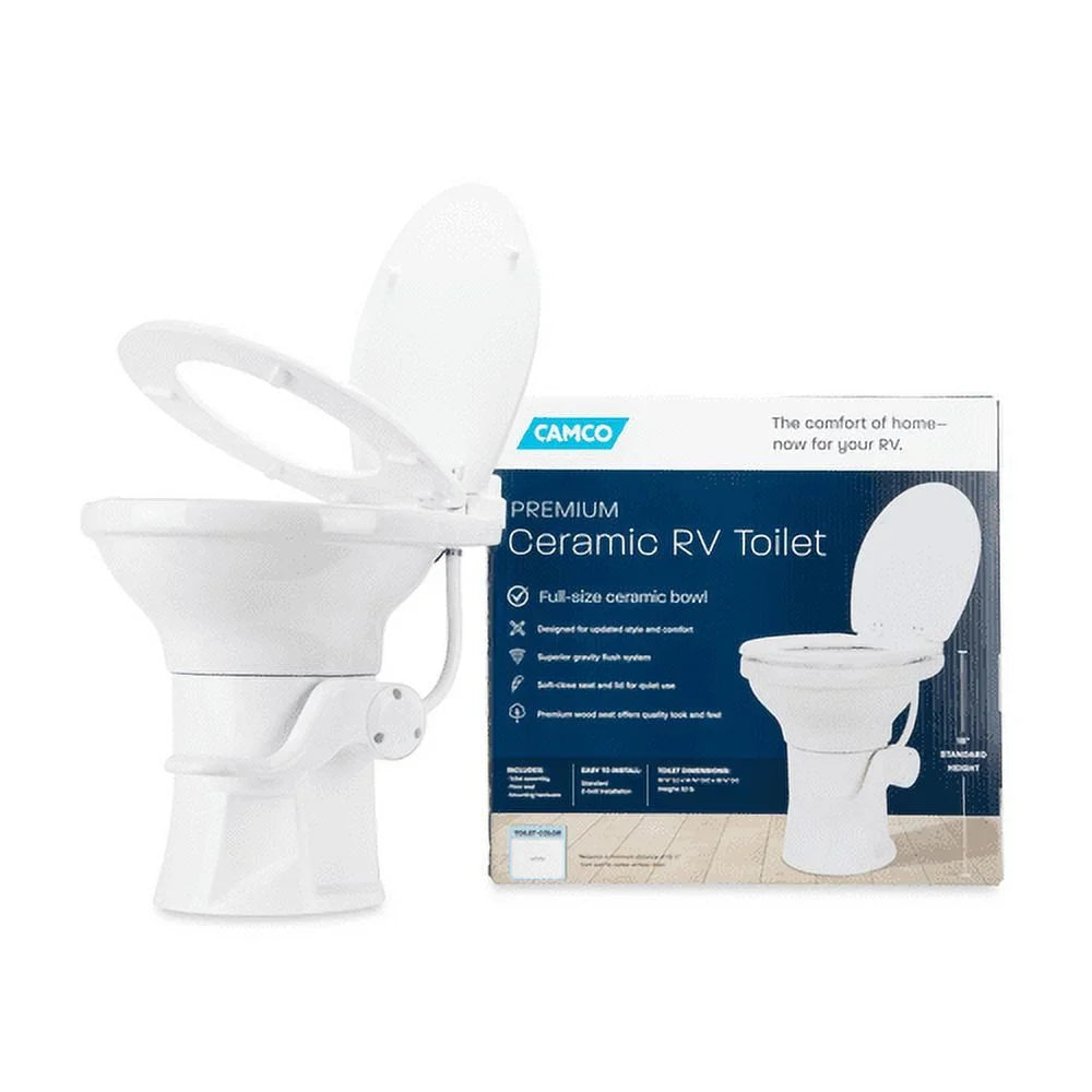 a (41710) Camper/RV Seat Foot Design Flush Ergonomic Camco Premium Height | Gravity Chair Convenient System Includes 18-In Wood with with Lid Full-Sized Pedal Soft-Close Toilet & & Ceramic Features |