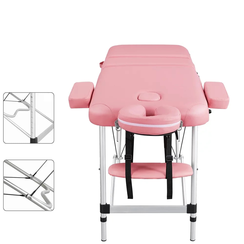 Backrest/Headrest/Armrest/Hand Massage Portable Alloy Salon Table Massage Spa 84'' with 3-Fold Bed, Massage Adjustable Pink Bed Yaheetech Couch, Equipment, Pallet,