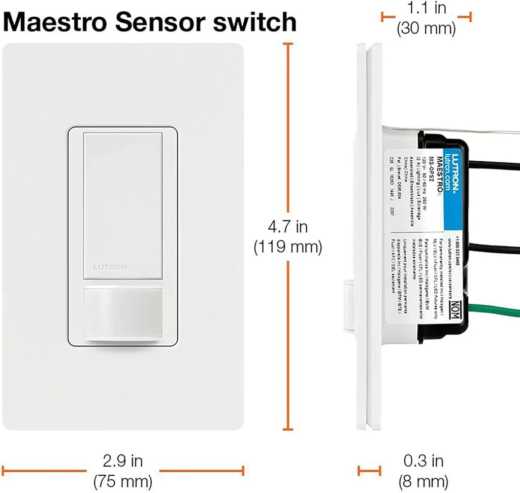 neutral single-pole, (2-pack), switch required, maestro sensor no white ms-ops2-wh, 2a, lutron