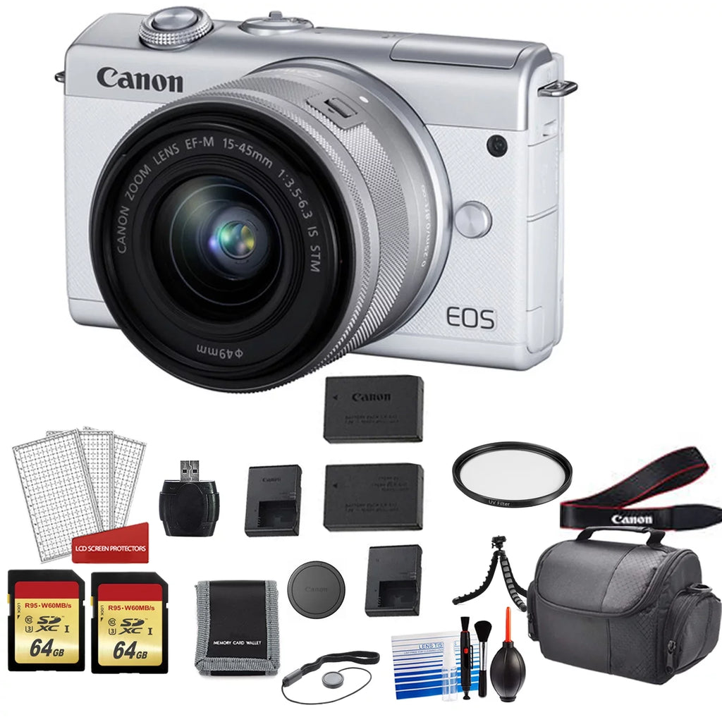 Digital with Canon M200 Spare Battery Lens + More 128GB Card 15-45mm + Mirrorless Camera Kit with EOS Memory (White)