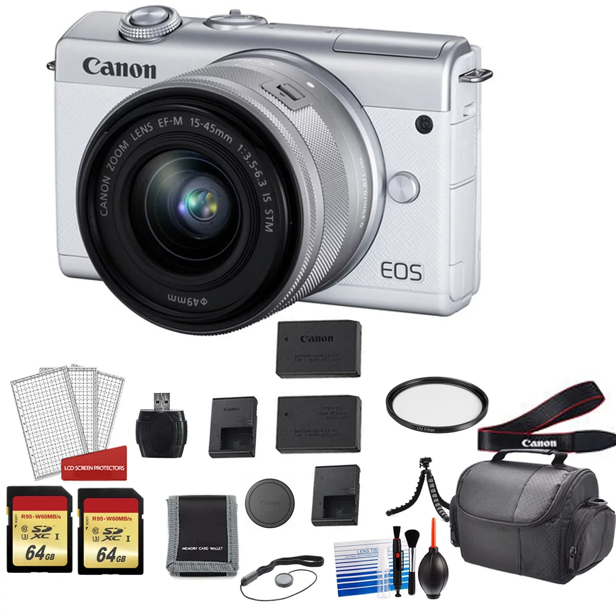 Digital with Canon M200 Spare Battery Lens + More 128GB Card 15-45mm + Mirrorless Camera Kit with EOS Memory (White)