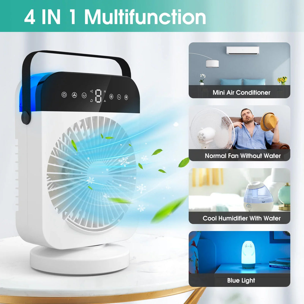 Air 4 Speeds,Oscillation/Humidifier/Timing Fan Function, Office Portable Camping Cooling With Room Personal Desktop Light Cooler Conditioner,Mini Small Led With For Evaporative Air