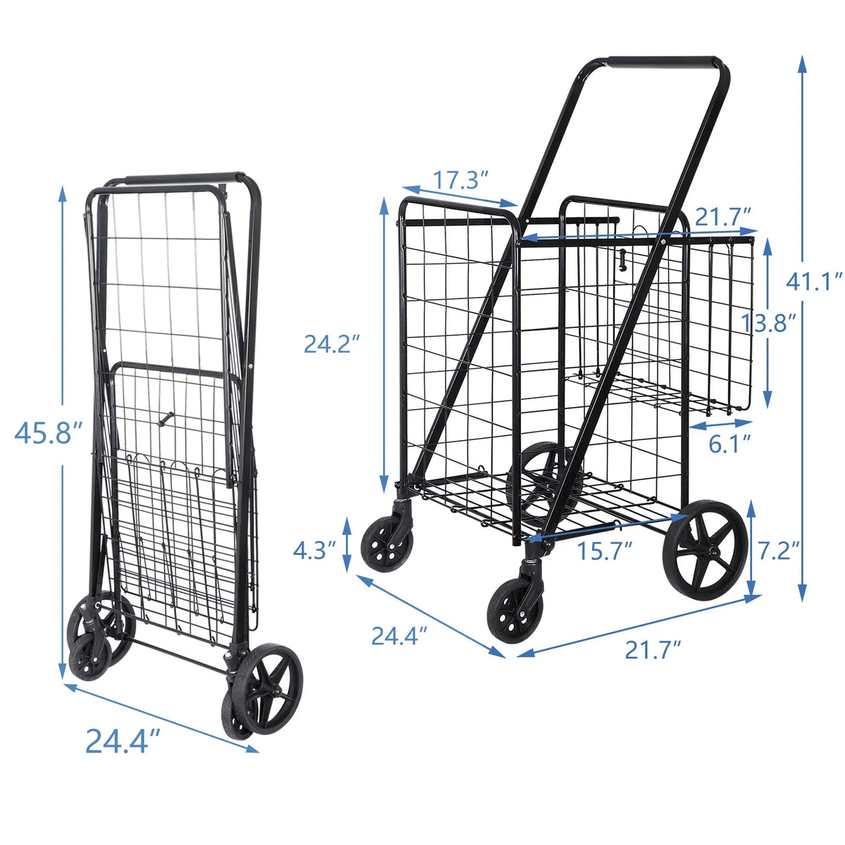 Black Utility Basket Book Grocery Wheels Laundry with ZENY Shopping Luggage Double and for Folding Cart Travel,
