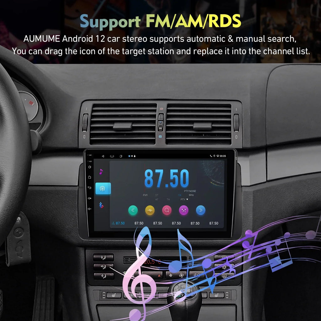 ZT for BMW Stereo 9-inch Carplay 12 Android Din Screen 75/MG QLED SWC Radio Backup Car Auto Double Android E46/M3/318/320/325/Rover Camera Support 6+128G Car Touchscreen with