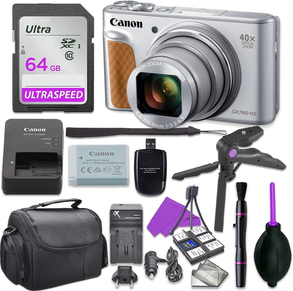 , Grip with SD Canon Digital SX740 Case More Tripod 64GB Memory Hand Camera Bundle (Silver) PowerShot , and