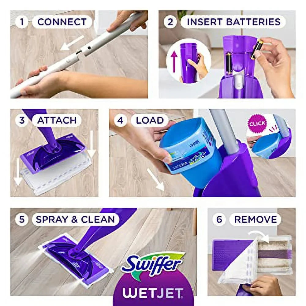 Batteries Kit, Starter Includes: Pads, Spray Power Floor WetJet Swiffer Hardwood Cleaning 1 and Mop, Cleaner Mop Solution, 10