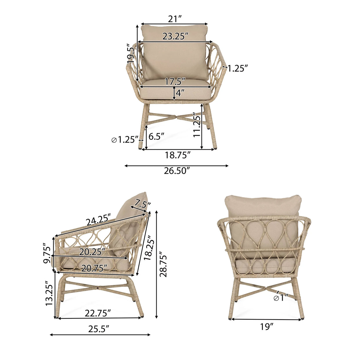 Montserrat Brown Light Seater Cushions, Set Beige Outdoor Wicker and Chat with 4
