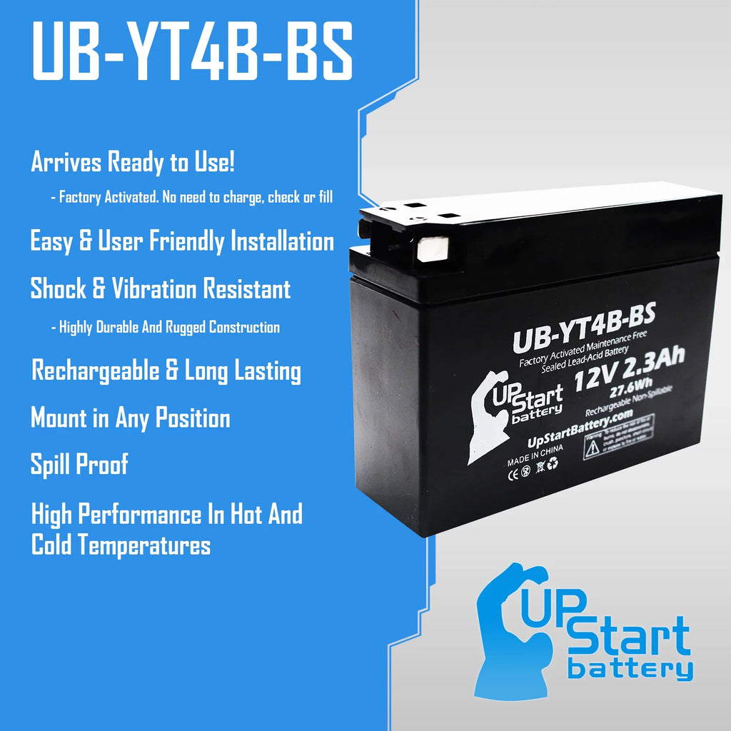 '- Replacement 2012 2.3Ah, Battery 12V, Activated, Battery Yamaha UB-YT4B-BS UpStart Factory Maintenance Free, for SR400 Motorcycle 400CC (FI) 4-Pack