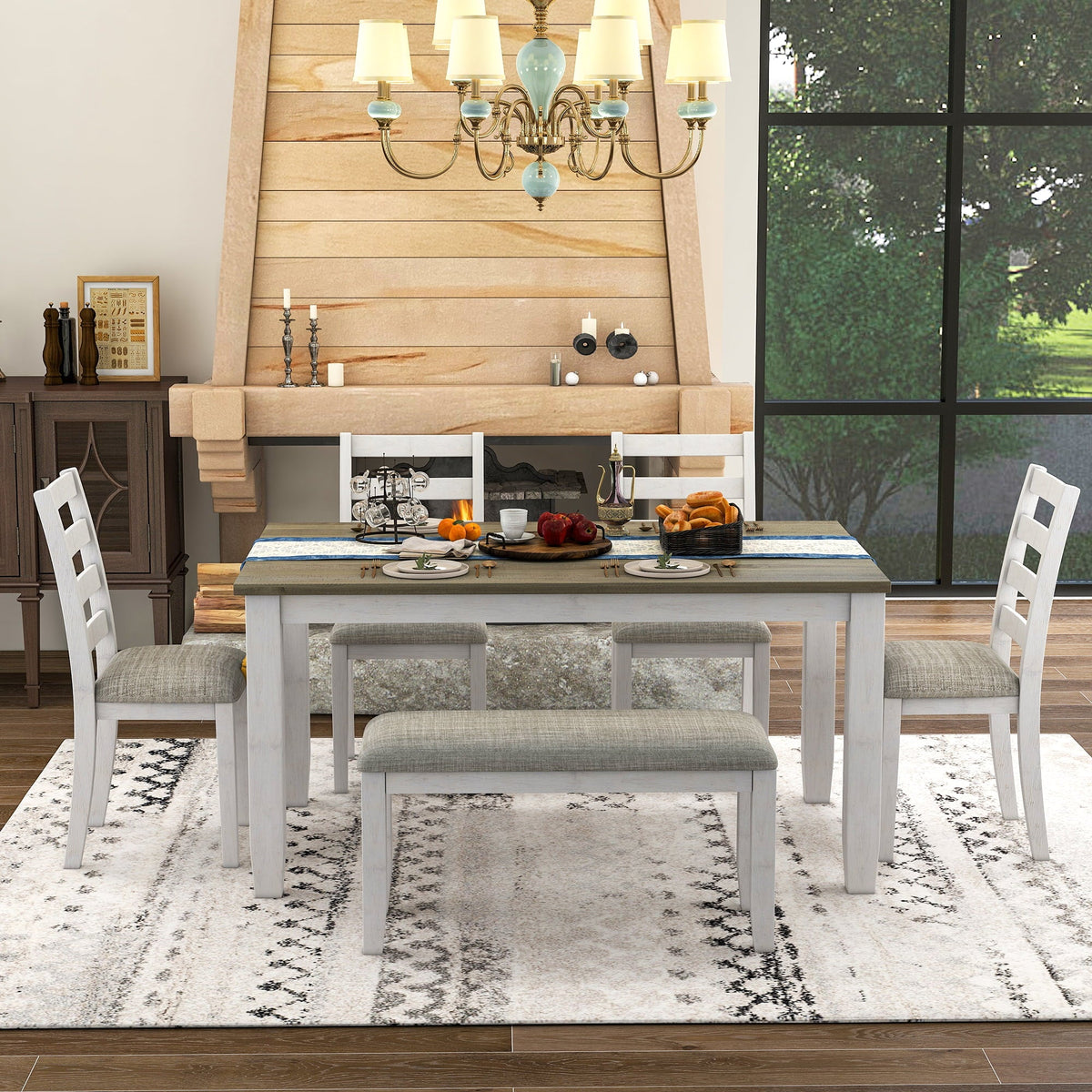 Bench, Set Room Rustic Dining Chairs With Whitewash 4 + CoSoTower Brown Style A 6-Piece Upholstered Table &