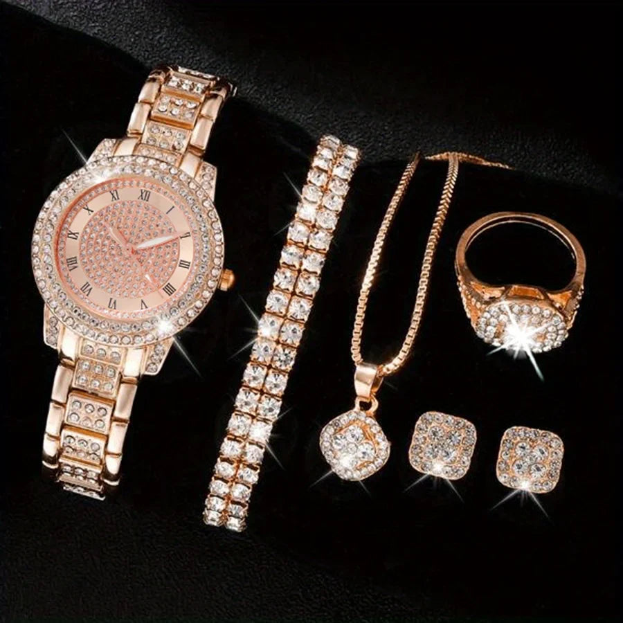 Wrist Watch 6pcs Rhinestone For Her Fashion Jewelry Set, & Analog Luxury Quartz Women Watch Hiphop Gift