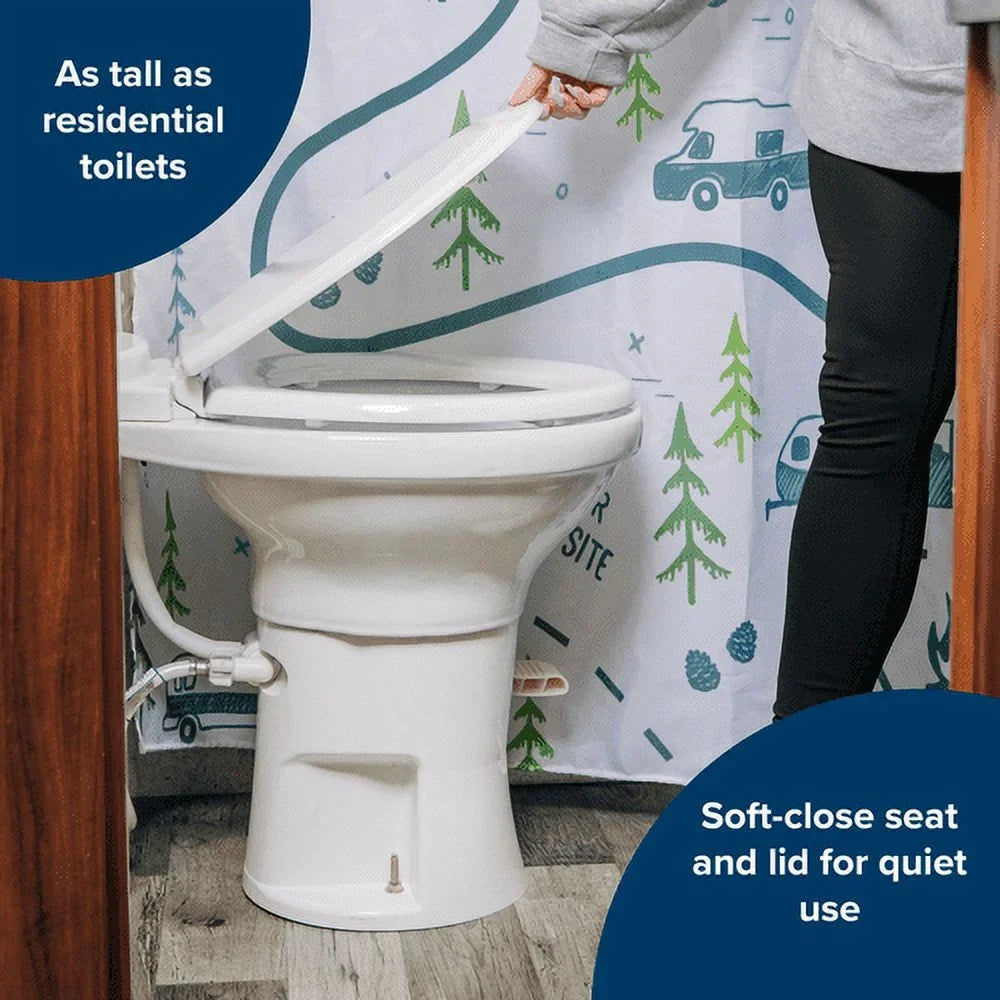 a (41710) Camper/RV Seat Foot Design Flush Ergonomic Camco Premium Height | Gravity Chair Convenient System Includes 18-In Wood with with Lid Full-Sized Pedal Soft-Close Toilet & & Ceramic Features |
