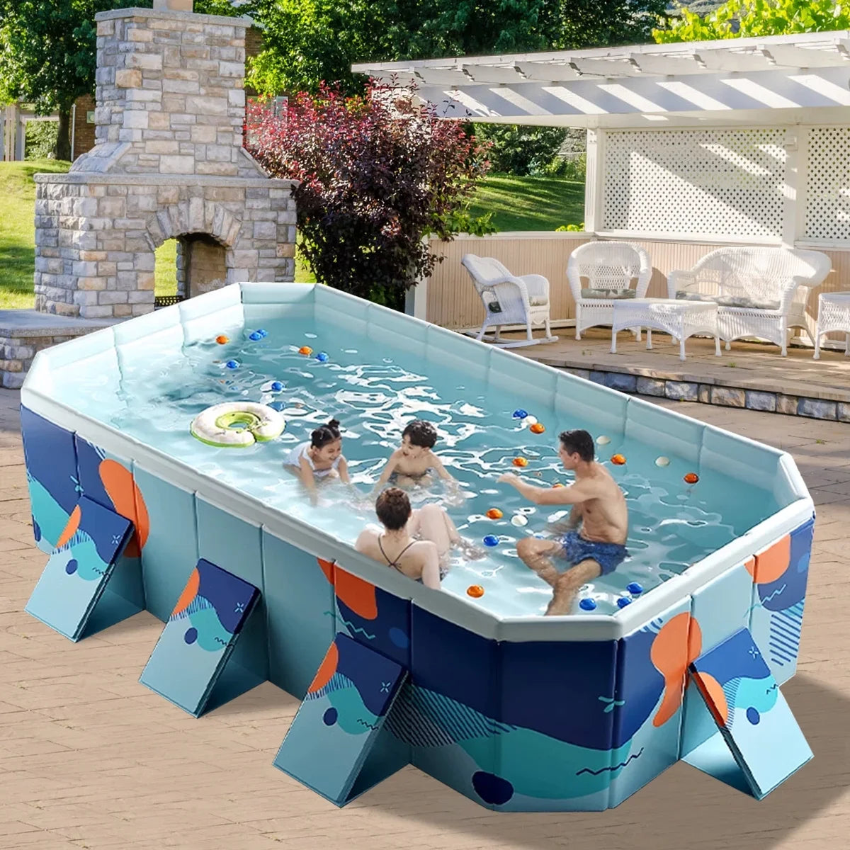 Non-Inflatable 113" Ground ANJORALA Kiddie for Pool Garden Swimming Pool Backyard(Blue) Above Collapsible