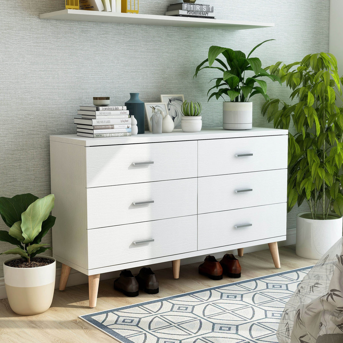 BASIC Dresser by Wide Mid-Century DH Bar White with Pulls 47-inch 6-Drawer Modern Denhour