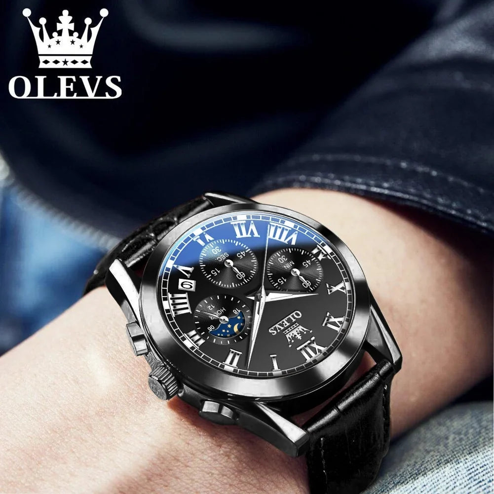 for Waterproof Sports Watches Classic Chronograph Men Strap Wristwatch Analog Reloj, Male Watches OLEVS Luxury Luminous with Quartz Leather Mens Business