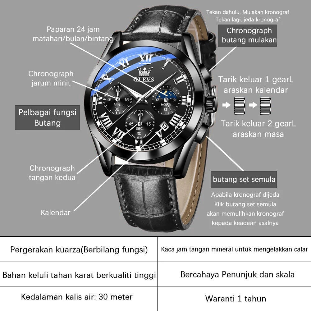 for Waterproof Sports Watches Classic Chronograph Men Strap Wristwatch Analog Reloj, Male Watches OLEVS Luxury Luminous with Quartz Leather Mens Business
